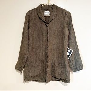 FLAX 100% Linen Brown Multicolor Woven Shawl Collar Snap Front Top/Jacket